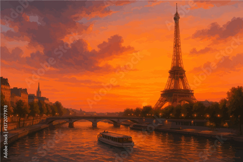 paris at sunset with seine river and eiffel tower
