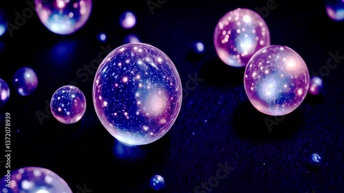 Glowing Transparent Spheres with Galaxy-Like Particles Inside, Dark Fantasy Background.