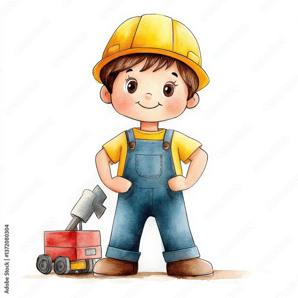 Cheerful Boy in Yellow Hard Hat with Toy Truck and Tools Cheerful Boy in Yellow Hard Hat with Toy Truck and Tools