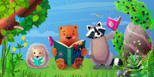 vector funny animals reading books in forest illustration.  Hand drown Baby graphics concept.