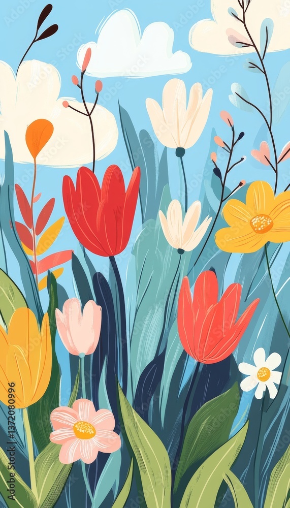 Fototapeta premium Vibrant spring background whimsical flowers and bright skies for an uplifting artistic atmosphere