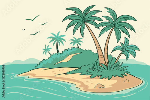 Scenic Tropical Island Beach with Crystal Clear Waters and Palm Trees