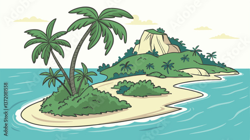 Scenic Tropical Island Beach with Crystal Clear Waters and Palm Trees