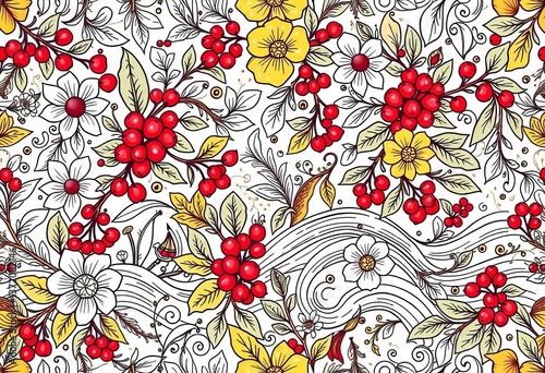 Intricate floral ethnic doodle pattern with berries, leaves, waves & swirling lines; seamless background , spring, element