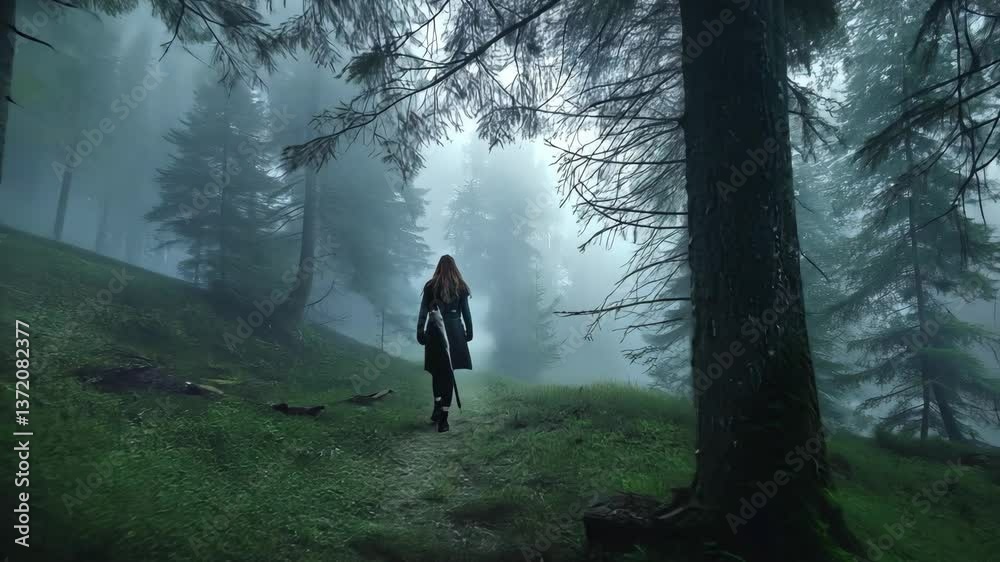 Lone Viking walking through misty forest Lone Viking walking through misty forest