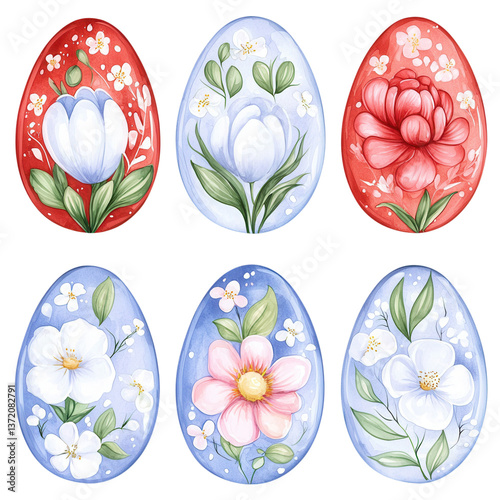 Collection of watercolor Easter egg mandalas concept. Decorative eggs featuring intricate floral designs in vibrant colors, showcasing artistic craftsmanship