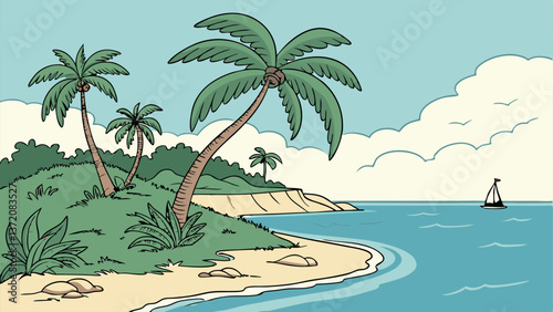 Scenic Tropical Island Beach with Crystal Clear Waters and Palm Trees