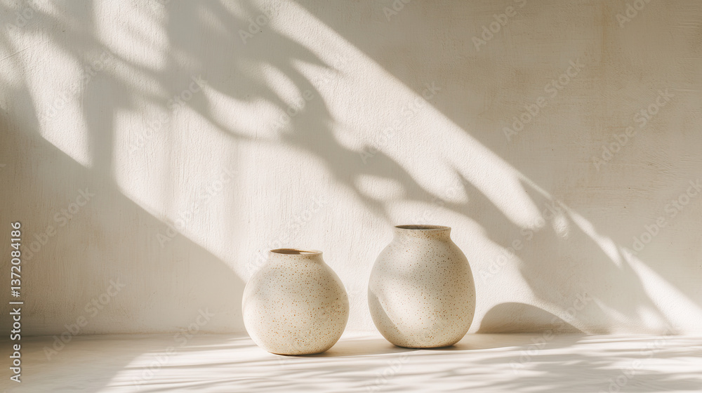 A soft-lit studio photograph of handmade ceramic vessels, bulbous and asymmetrical, set on a white matte surface with long angular shadows from leaves