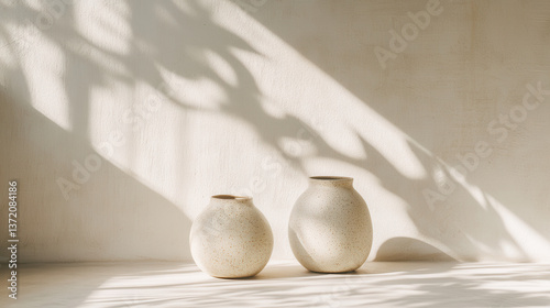 Obraz na płótnie A soft-lit studio photograph of handmade ceramic vessels, bulbous and asymmetrical, set on a white matte surface with long angular shadows from leaves w salonie