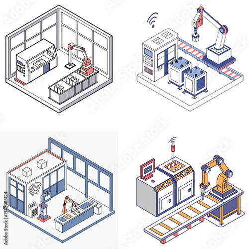 Realistic Isometric 3D Smart Factory with Advanced Robotics and Automation