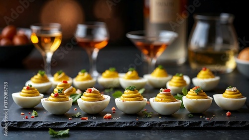 Wallpaper Mural Artistic arrangement of mini deviled eggs on slate board with garnishes for cocktail party Torontodigital.ca