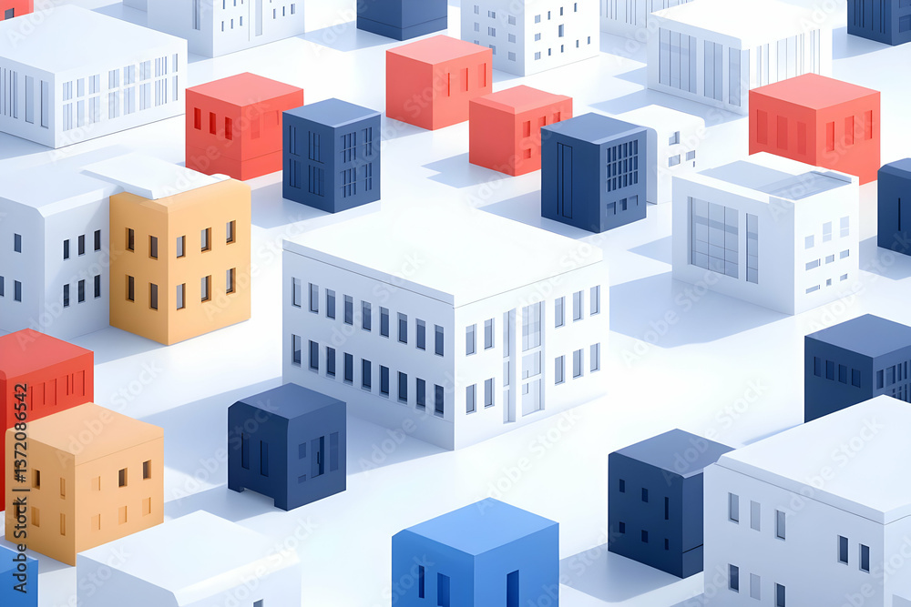 Architectural Cityscape with Isometric Buildings in White Blue and Orange Tones Architectural Cityscape with Isometric Buildings in White Blue and Orange Tones