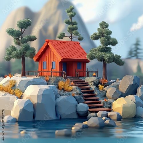 Serene orange-hued landscape: Cabin nestled by water, rocks, & trees on a mountain. Steps lead to nature's beauty.