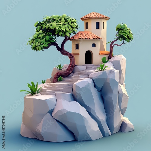 3D lowpoly landscape art featuring building & rock design with a tree. This architecture render showcases a beautiful landscape.