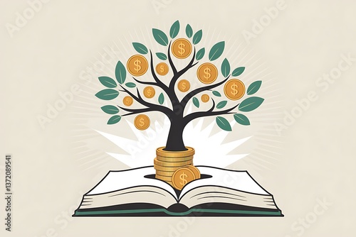 Money tree growing from an open book symbolizes financial literacy and wealth generation through knowledge.