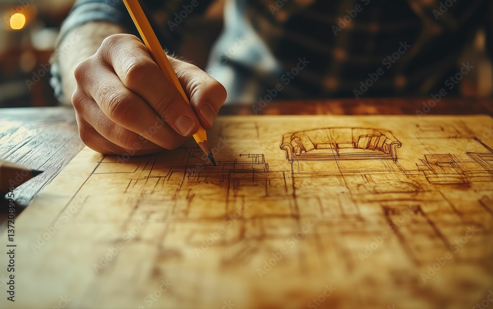 Close-up of a designer's hand sketching a sofa design on paper, pencil lines and shading visible, warm, focused light on the hand and paper, shallow depth of field Close-up of a designer's hand sketching a sofa design on paper, pencil lines and shading visible, warm, focused light on the hand and paper, shallow depth of field