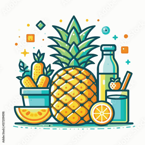 pineapple, fruit, isolated, fresh, background, food, ripe, healthy, dessert, leaf, tropical, summer, juicy, nature, slice, sweet, white, yellow, plant, freshness, piece, organic, natural, illustration