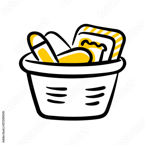 Minimalistic flat line illustration of a box of various food items for donations, hunger charity websites and support initiatives.