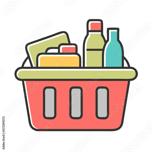 Minimalistic flat line illustration of a box of various food items for donations, hunger charity websites and support initiatives.