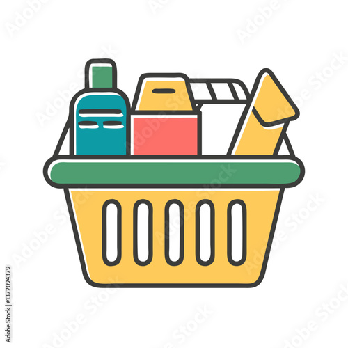 Minimalistic flat line illustration of a box of various food items for donations, hunger charity websites and support initiatives.