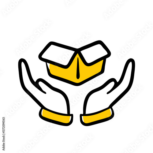 Two hands gently holding an open yellow box, ideal for shipping services, delivery notices, or concepts of care and support.