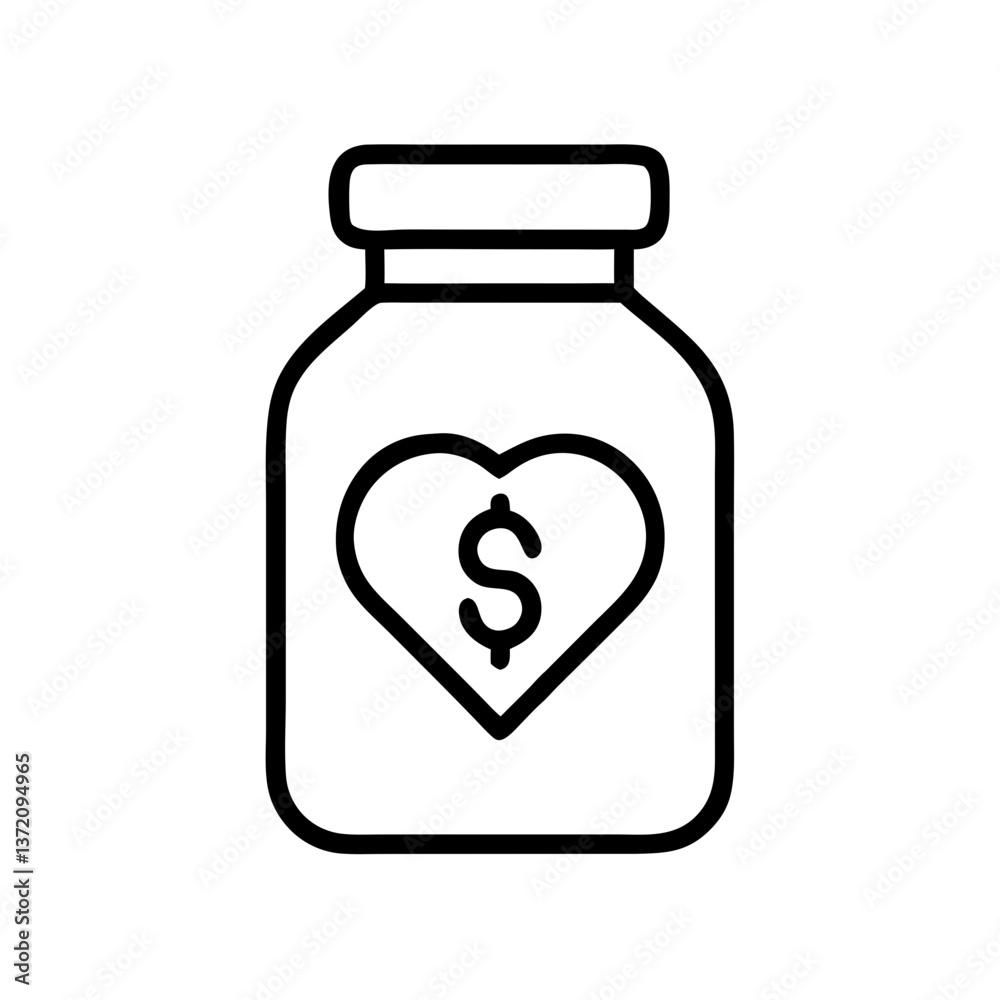 A black outline icon of a jar with a heart enclosing a dollar sign for charity drives, fundraising campaigns, and donation appeals A black outline icon of a jar with a heart enclosing a dollar sign for charity drives, fundraising campaigns, and donation appeals
