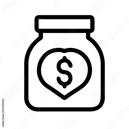 A black outline icon of a jar with a heart enclosing a dollar sign for charity drives, fundraising campaigns, and donation appeals