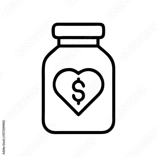 A black outline icon of a jar with a heart enclosing a dollar sign for charity drives, fundraising campaigns, and donation appeals