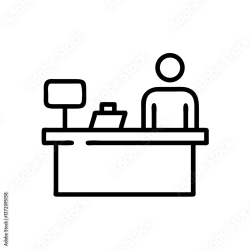 Icon of a person sitting at a counter with a cash register, simple black outline on white. Use for retail, service, or business related sites and blogs.
