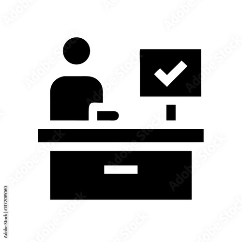 Icon of a person sitting at a counter with a cash register, simple black outline on white. Use for retail, service, or business related sites and blogs.