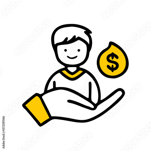 A hand offering a person a dollar symbol. Suitable for financial aid, support, or investment in people.
