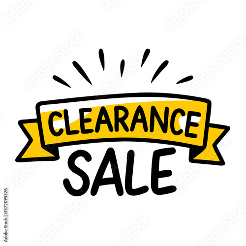 Yellow hand drawn banner with black text ‘CLEARANCE SALE’ and radiant lines above it on a white background. Used for retail promotions and discount advertising.