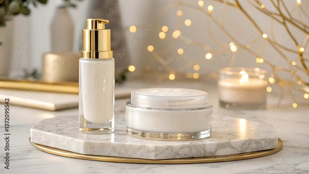 A premium skincare product mock-up with a blank glass cosmetic cream jar and a moisture cream bottle, placed on a marble surface. Soft gold accents and diffused lighting create a luxurious, high-end A premium skincare product mock-up with a blank glass cosmetic cream jar and a moisture cream bottle, placed on a marble surface. Soft gold accents and diffused lighting create a luxurious, high-end