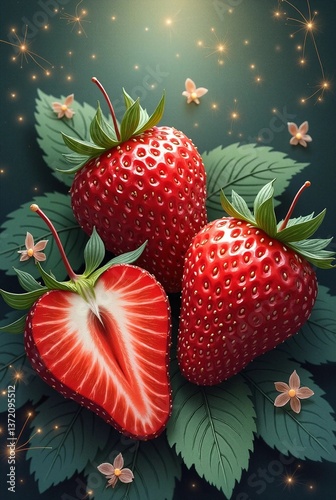 Strawberry with leaves on a pastel background with copy space