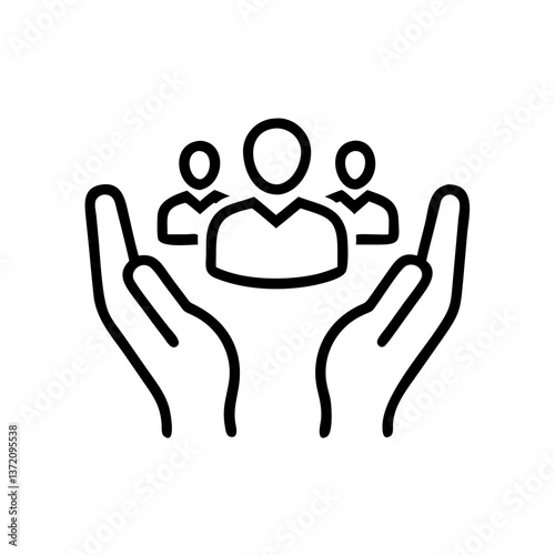 Black outline icon of hands hugging abstract human figures isolated on white background for social services websites,support services blogs,also for community or family illustrations.