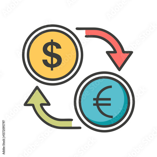 Dollar coin icon with arrow pointing to Euro coin for currency exchange websites,international finance blogs and global markets illustrations.