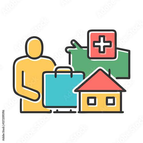  A person with a suitcase, a house, and a medical cross, suggesting emergency preparedness or relocation assistance.

