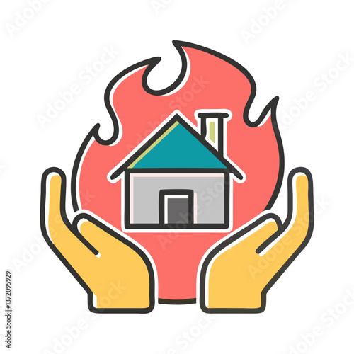 minimalist line art illustration showing a hand protecting a house from a flame for insurance websites, home safety blogs,and financial protection themes