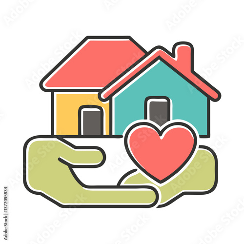 Minimalist line illustration with hands holding a house with a heart symbol inside for home care services, family support websites and housing assistance programmes.