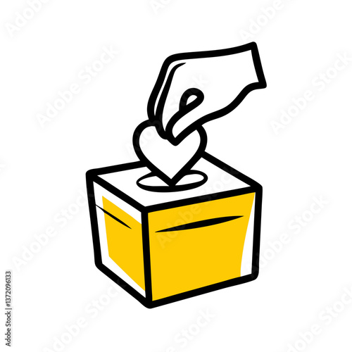 simple black line art icon of hand inserting card with heart symbol into a donation box for charity websites,fundraising campaigns, and philanthropic themes