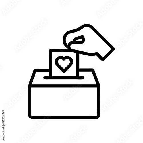 simple black line art icon of hand inserting card with heart symbol into a donation box for charity websites,fundraising campaigns, and philanthropic themes