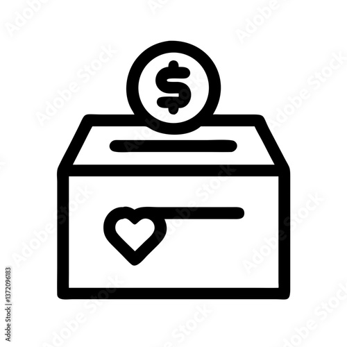 Donation box, heart, dollar sign, line art icon. Represents charitable giving, fundraising, and financial support for causes. Ideal for charity, nonprofit, and social impact content.