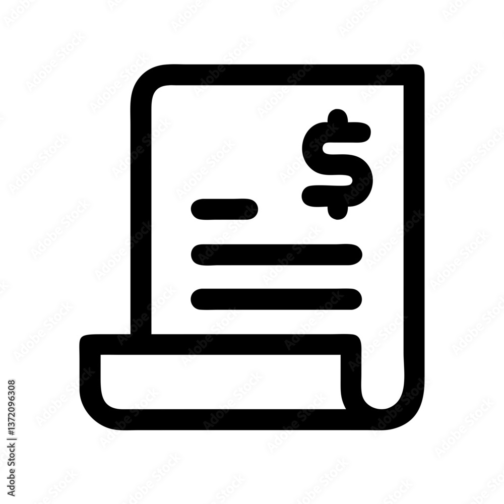 Receipt, bill, dollar sign, line art icon. Represents financial transactions, payments, and expenses. Ideal for finance, business, and accounting-related content. Receipt, bill, dollar sign, line art icon. Represents financial transactions, payments, and expenses. Ideal for finance, business, and accounting-related content.