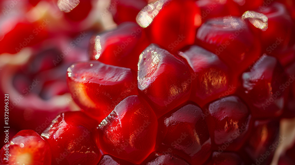 Extreme close-up of a juicy pomegranate seed cluster, highlighting the translucent, ruby-red color and rich texture Extreme close-up of a juicy pomegranate seed cluster, highlighting the translucent, ruby-red color and rich texture