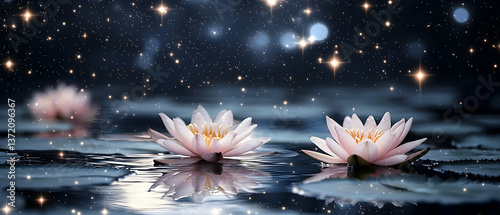 Pink and White Water Lilies on a Dark Water at Night with Sparkling Lights photo