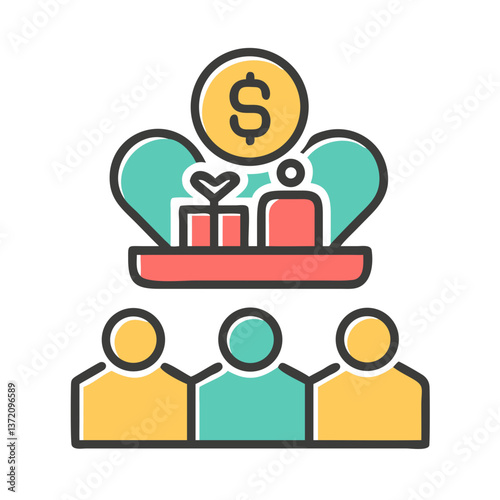 Illustration of people donating money and gifts. Ideal for non-profit blogs, community crowdfunding websites, or corporate social responsibility articles
