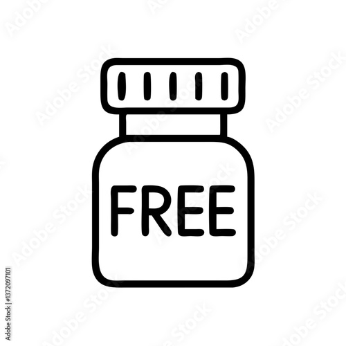 Black contoured bottle icon with the word ‘FREE’ written on it for pharmaceutical company promotions, free sample offers and health related websites advertising free products.