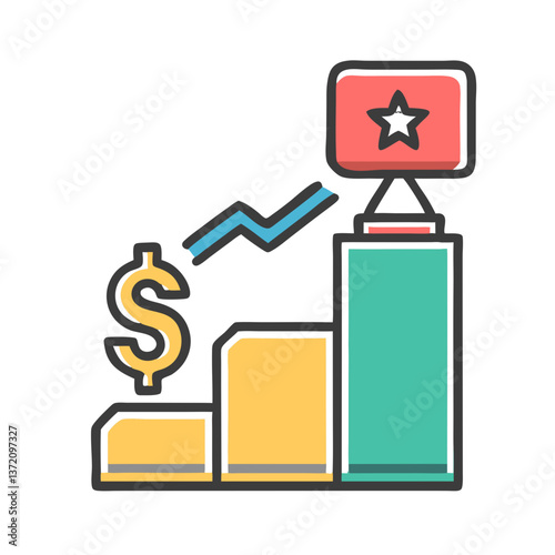 Colourful flat vector illustration with growing bar chart with dollar sign ending with star symbol for financial blogs, investment advice and economic growth websites.