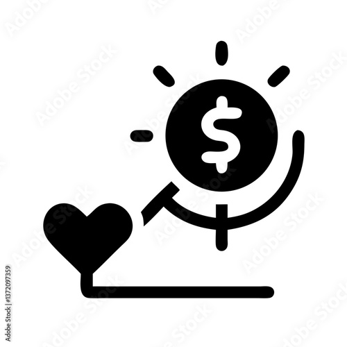 Minimalist black and white icon featuring a heart connected to a glowing dollar coin. Represents charitable giving, philanthropy, altruism, and the intersection of love and finance.