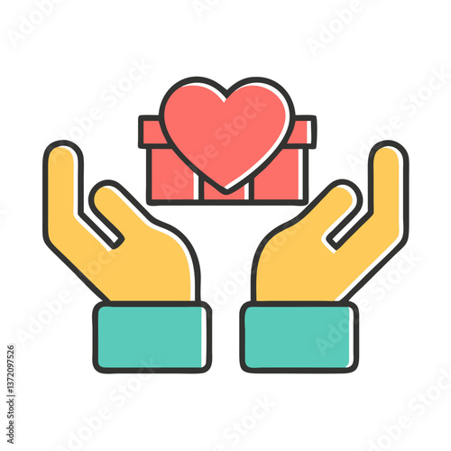 Cartoon hands present a red heart on a pink gift box for charity websites, donation campaigns and themes related to giving and love.